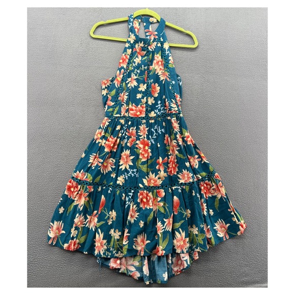 Jaase Dresses & Skirts - Jaase Dress Floral Halter Mini Teal Blue Orange Crochet Trim Open Back Summer XL